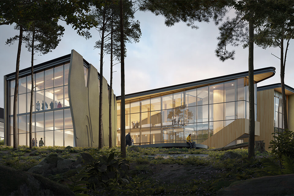 Architectural rendering of the back view of the new NCIL as seen from the woods.