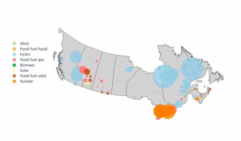 Map of Canada that shows energy capacity by province through scattered dots. Hydro electric capacity is greatest across four provinces followed by nuclear in Ontario.