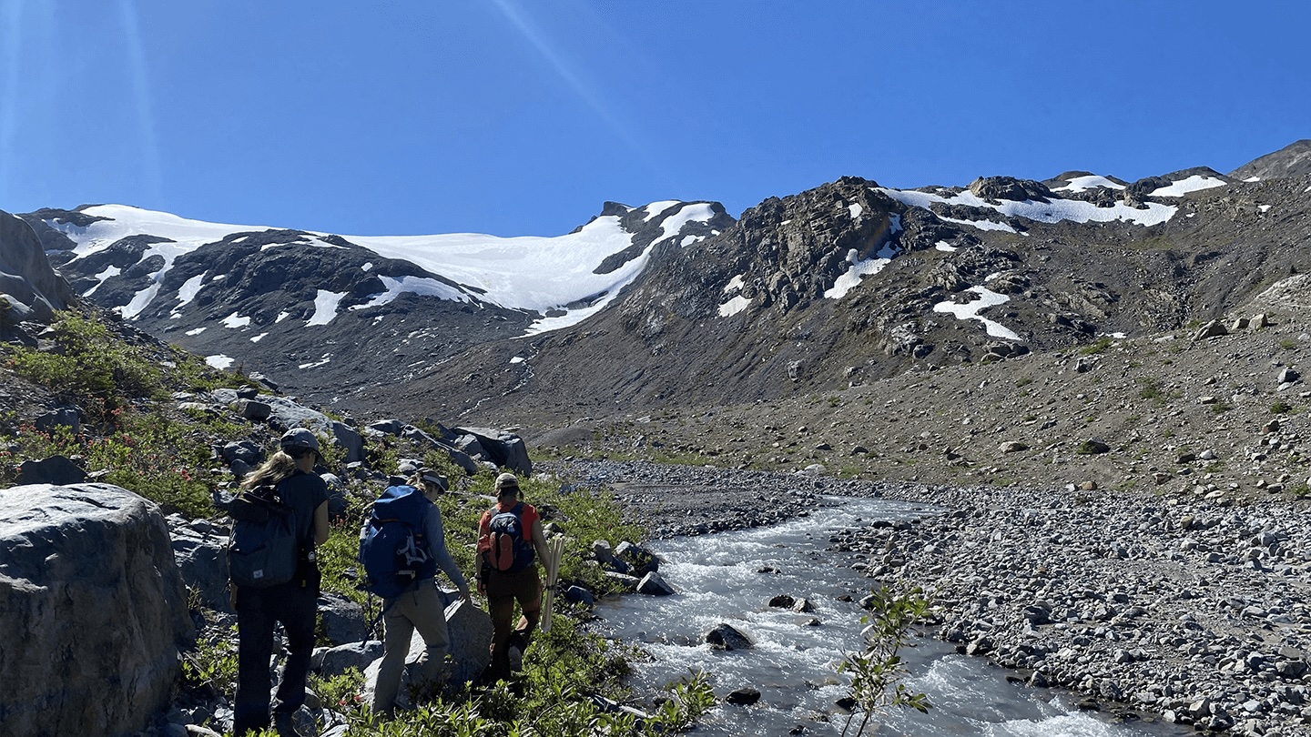 Three students with backpacking gear hiking beside a stream toward an alpine glacier in the background.