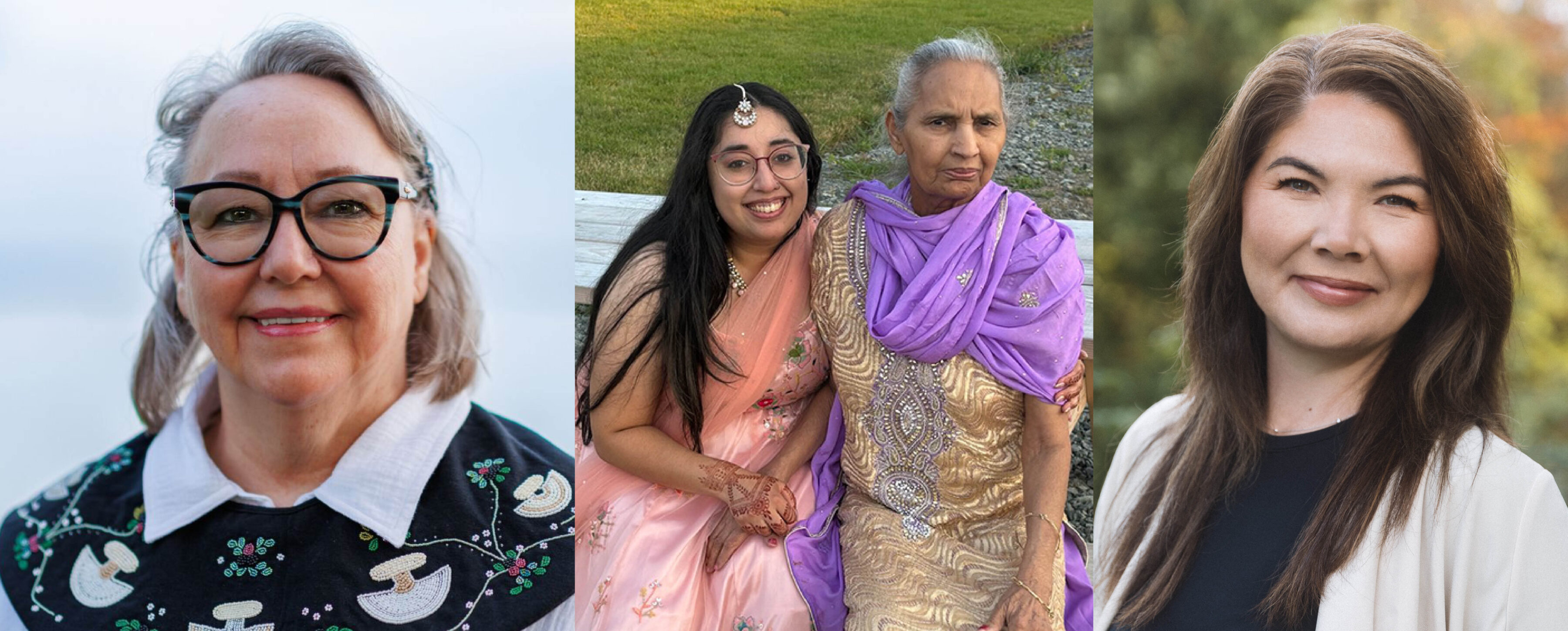 Collage of three images, from left: a woman with grey sweater in front of a tree; middle, two women wearing saris, one is younger and another is older; right, a woman in front of a cold snowy landscape, wearing a black top with Indigenous embroidery.