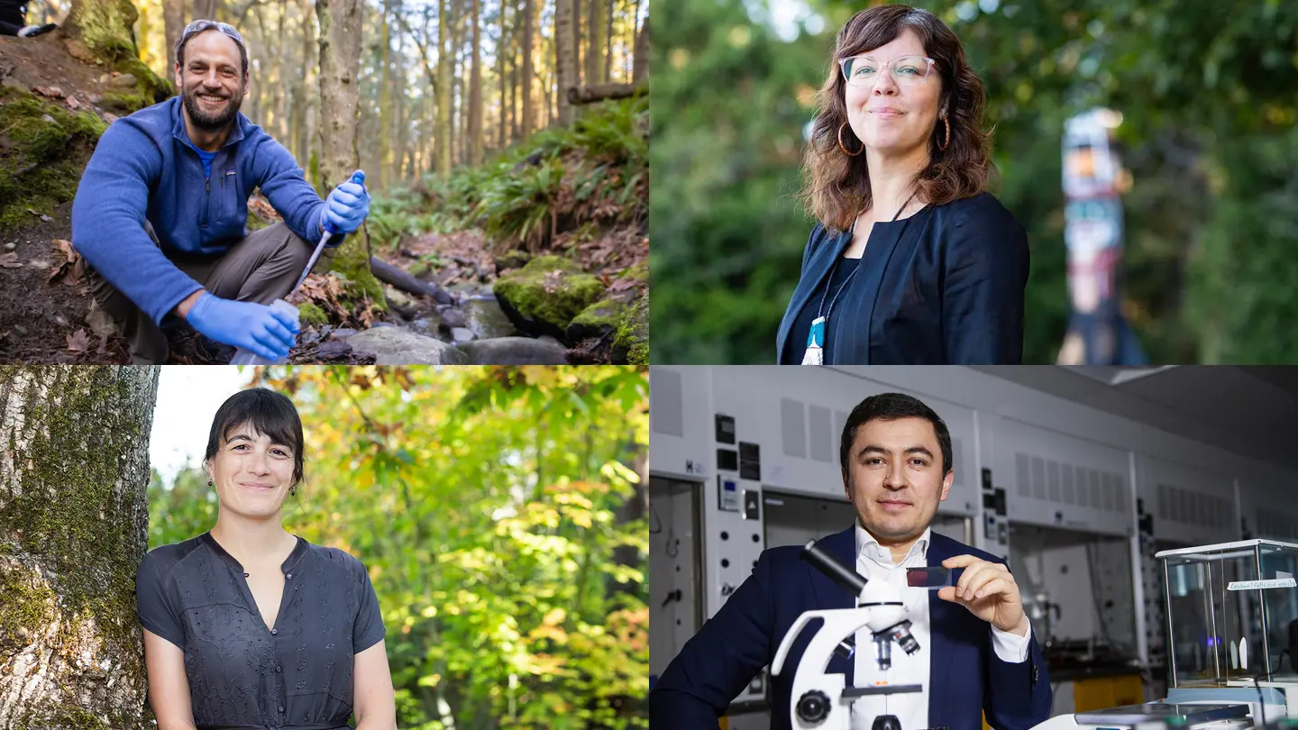 UVic’s renewed Canada Research Chairs. Kristian Dubrawski (Civil Engineering/Geography), Sarah Hunt (Environmental Studies), Makhsud Saidaminov (Chemistry) and Nicole Templeman (Biology).
