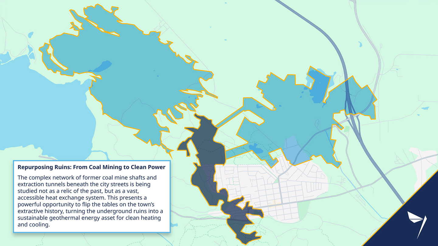 An illustrated aerial map of Cumberland showing the abandoned coal mines beneath the village and surrounding area.