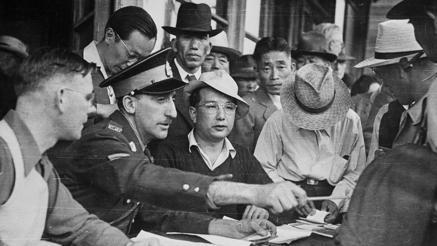 A black and white image of Japanese-Canadians after the Second World War.