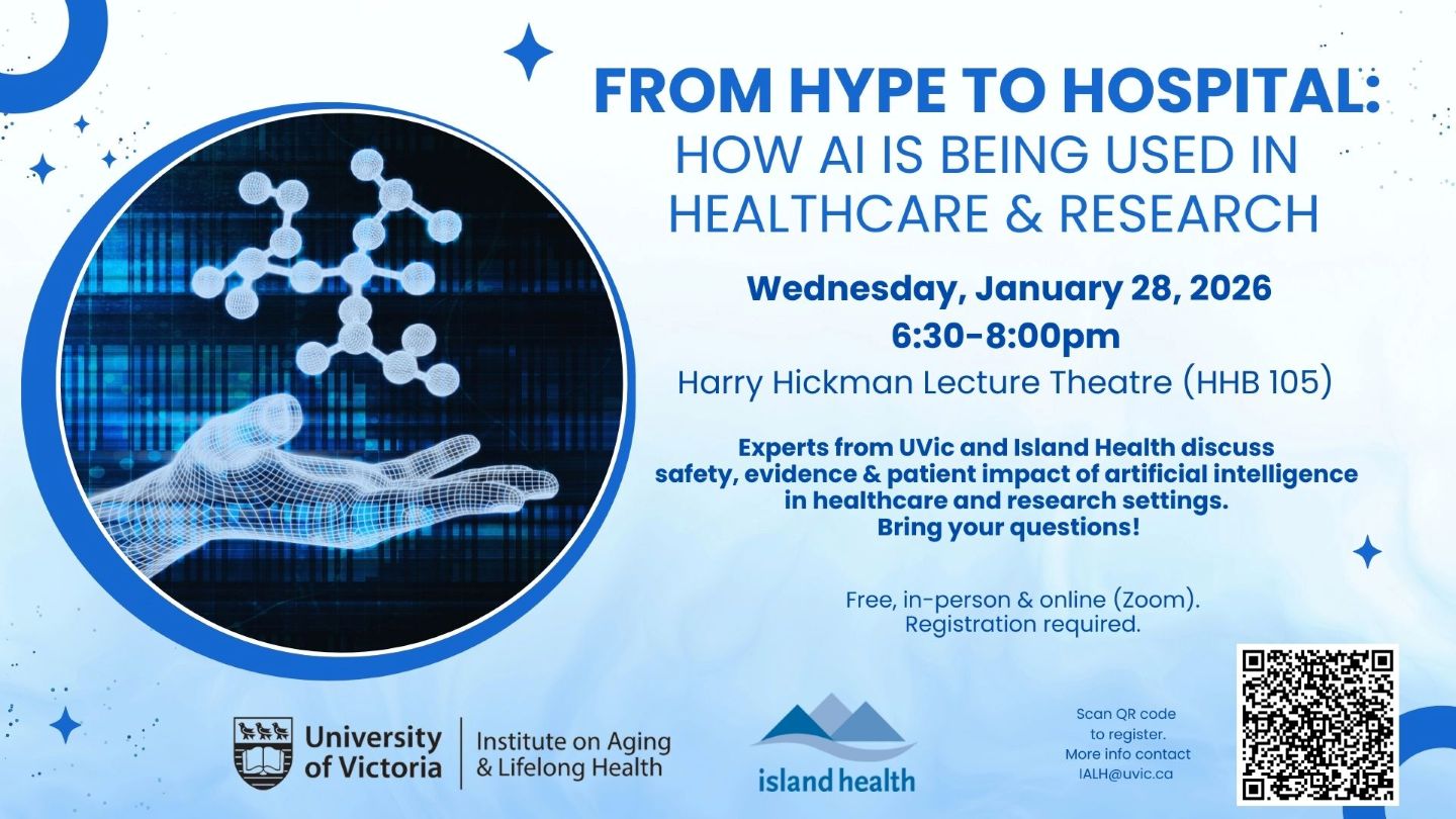 A poster advertising a community event on AI in health care, held in Harry Hickman Lecture Theatre at UVic, Wednesday January 28, 6.30-8pm. 