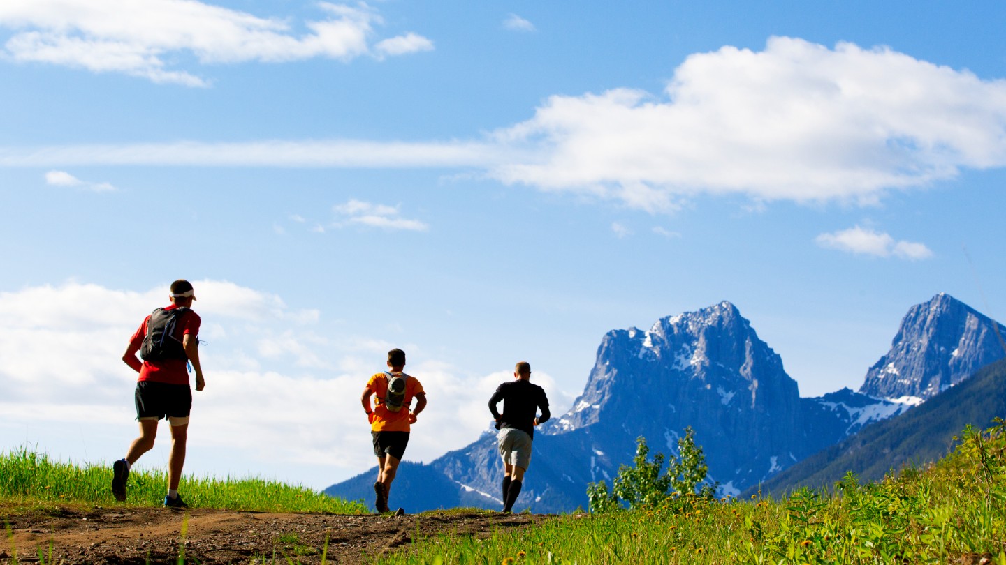 Endurance runners jogging on a trail with mountains and blue sky in the background. (via news.uvic.ca)