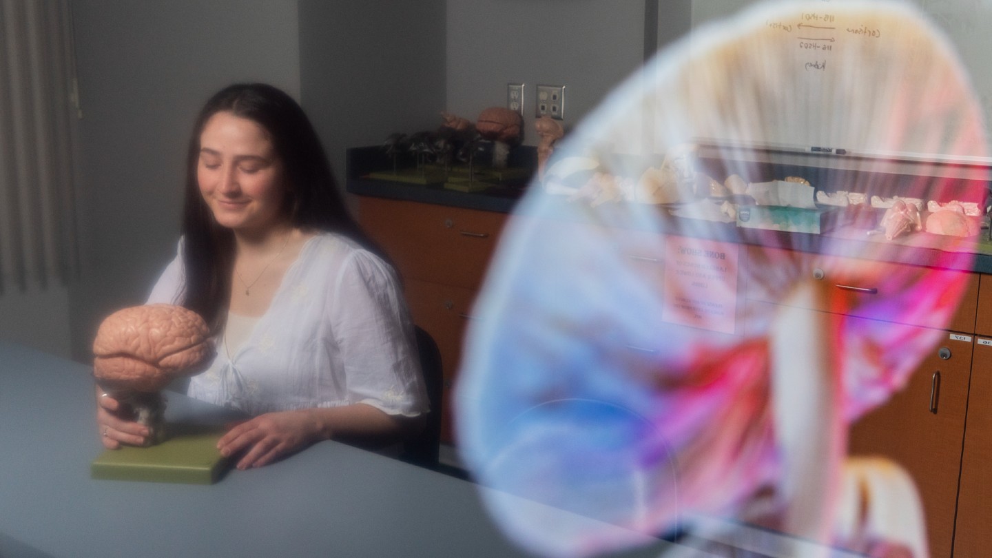 UVic PhD student Baeleigh VanderZwaag sits in a lab holding a brain model with a reflection of psychedelic mushrooms cast in the foreground.