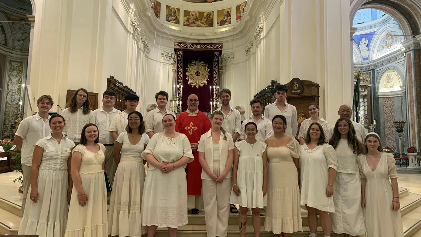 A group of students in a church.