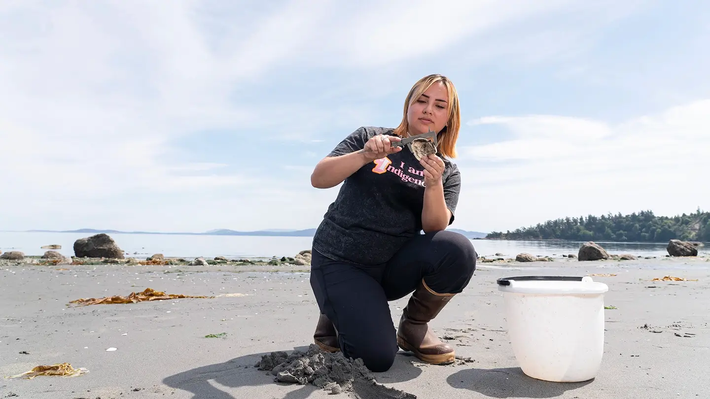 Kinoogeix Mikki Mitchell kneels on the beach and measures a clam.