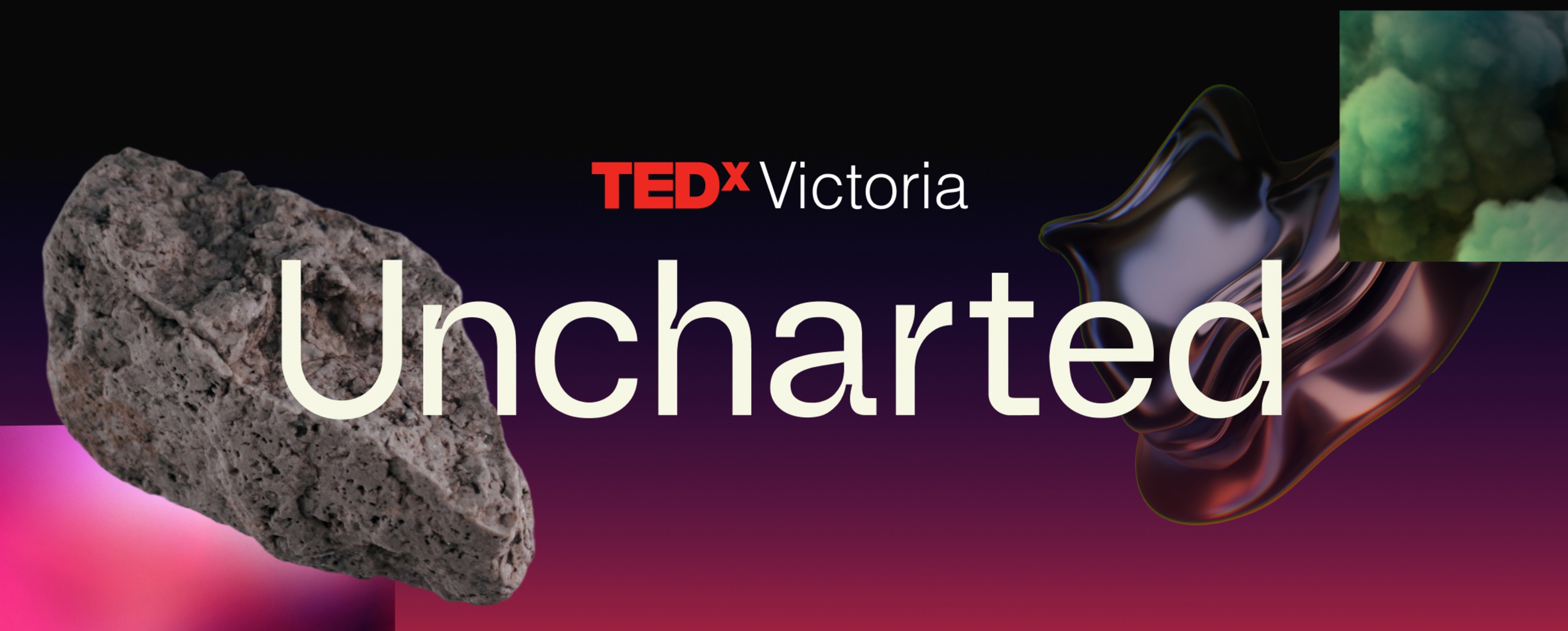 TEDxVictoria “Uncharted” event graphic for Oct. 7, 2026, at the University of Victoria, with abstract rock and metallic shapes on a purple and pink background.